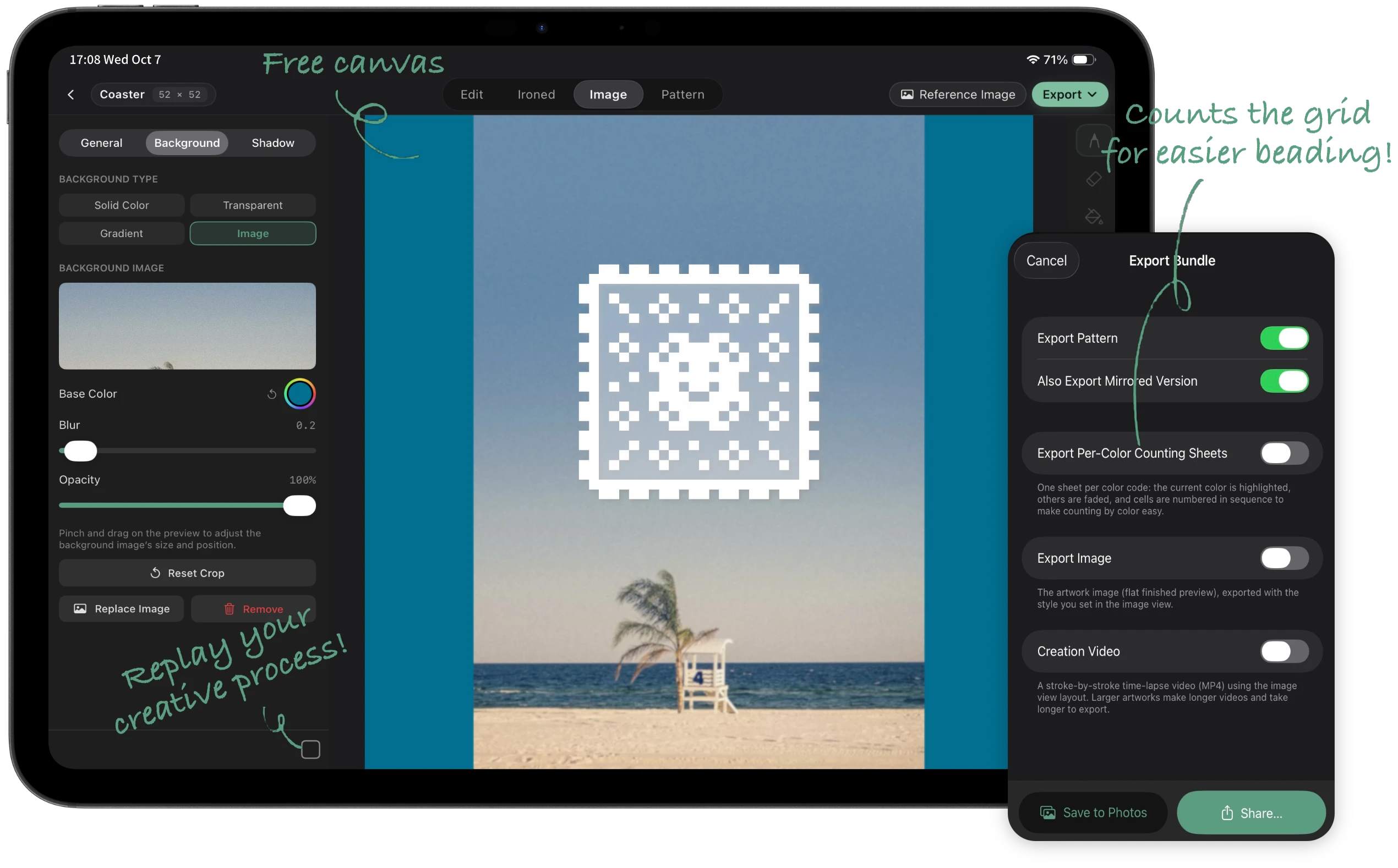 Background design and export bundle controls in the Handpix image view