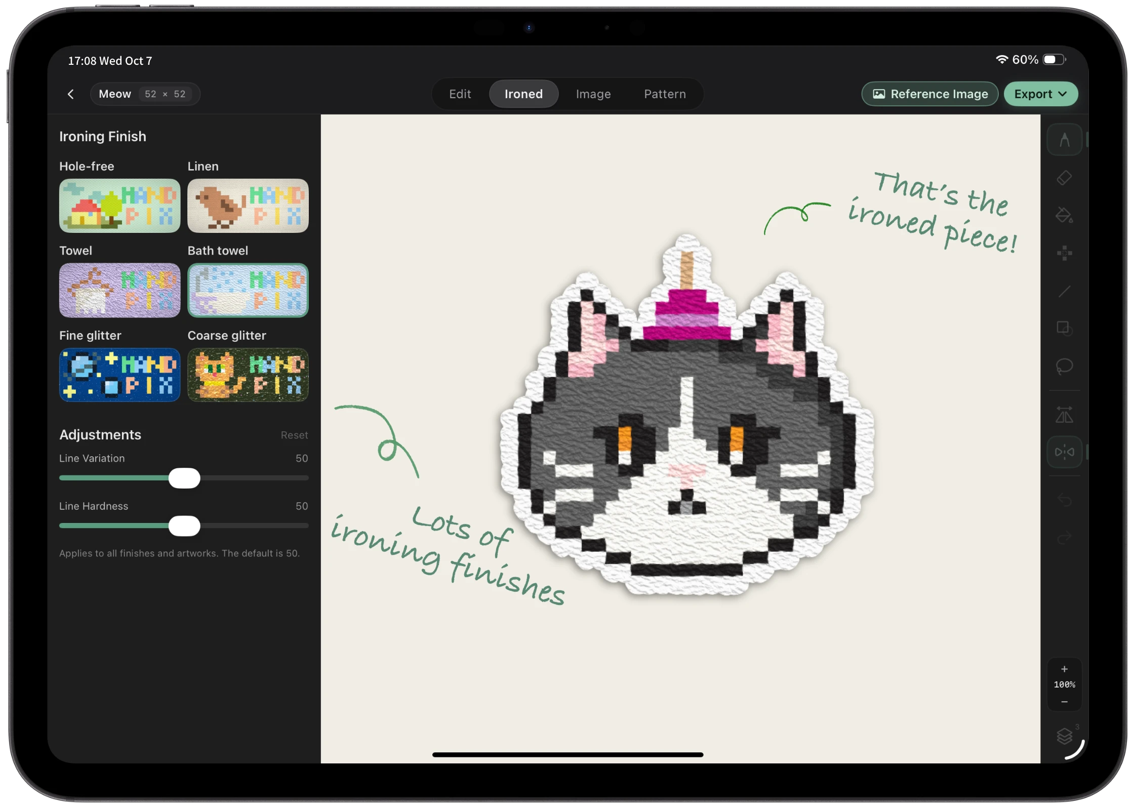An ironed-bead preview of a cat pattern in the Handpix ironed view, with six ironing material swatches and line parameter sliders on the left