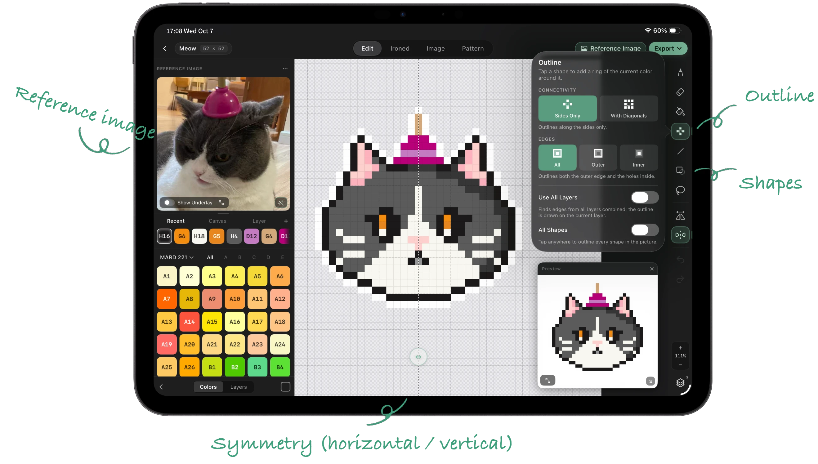 The Handpix editor with a reference image on the left, outline and shape tools on the right, and horizontal and vertical symmetry axes on the canvas